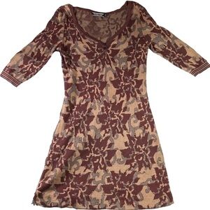 Peruvian Connection Pima Cotton Knit Floral Midi  Dress Long Sleeve Brown Size M